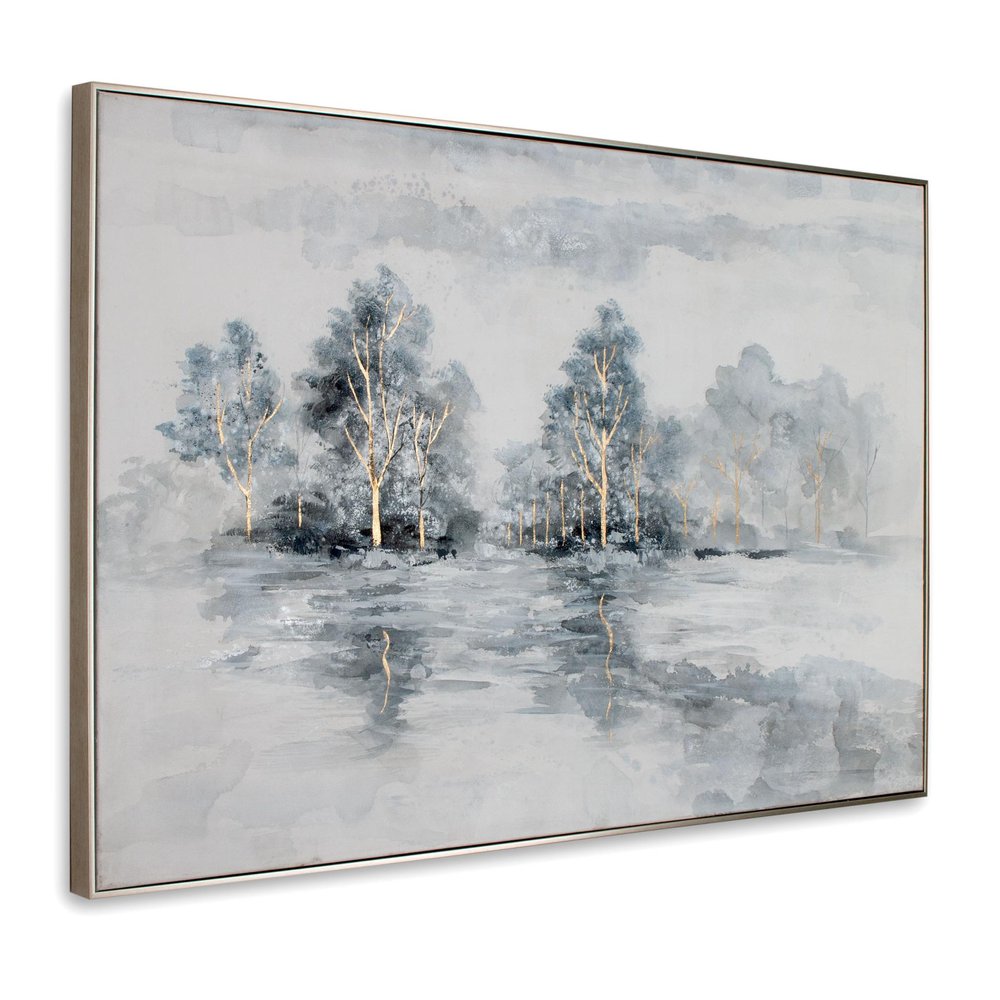 Winter's Woods Hand Painted Silver Floater Frame Wall Art on a white background