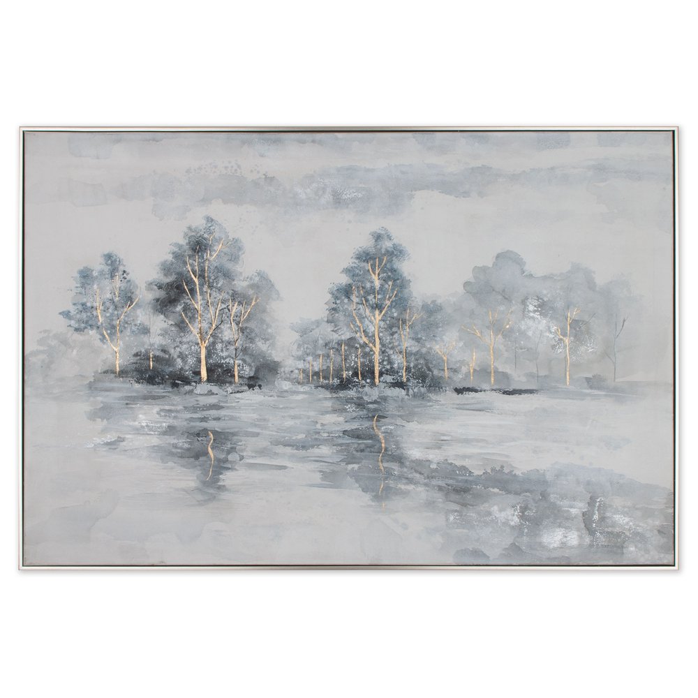 Winter's Woods Hand Painted Silver Floater Frame Wall Art on a white background