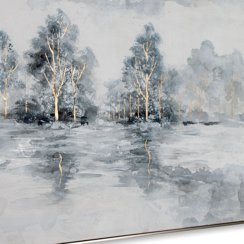 Winter's Woods Hand Painted Silver Floater Frame Wall Art on a white background
