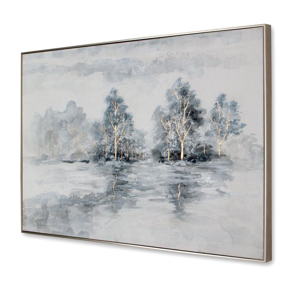 Winter's Woods Hand Painted Silver Floater Frame Wall Art on a white background