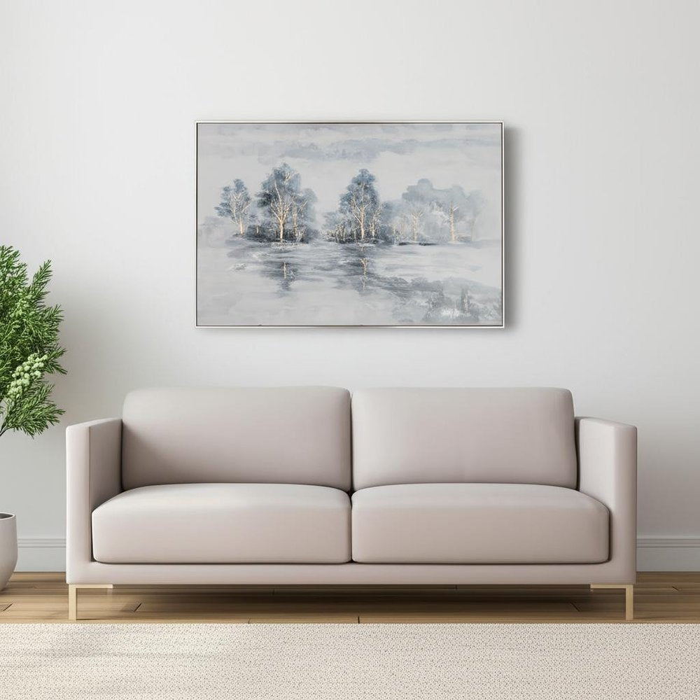 Winter's Woods Hand Painted Silver Floater Frame Wall Art on a white background