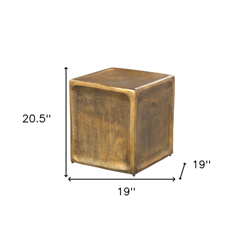 Set of Two Black Silver And Antiqued Brass Aluminum Square Block End Tables on a white background