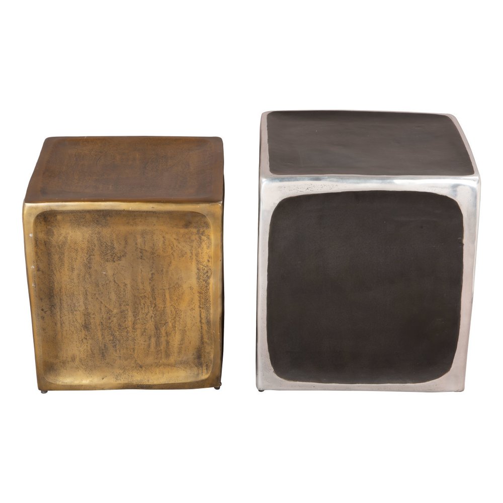 Set of Two Black Silver And Antiqued Brass Aluminum Square Block End Tables on a white background