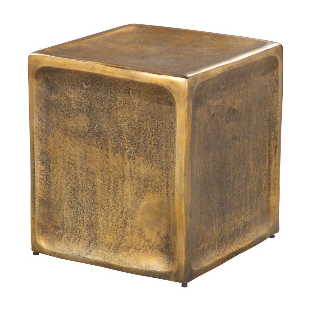 Set of Two Black Silver And Antiqued Brass Aluminum Square Block End Tables on a white background