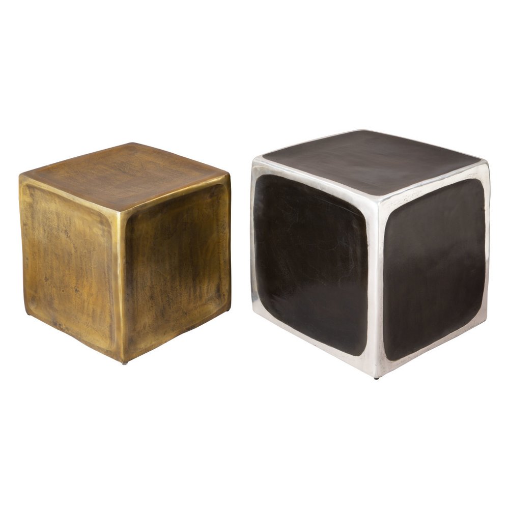 Set of Two Black Silver And Antiqued Brass Aluminum Square Block End Tables on a white background