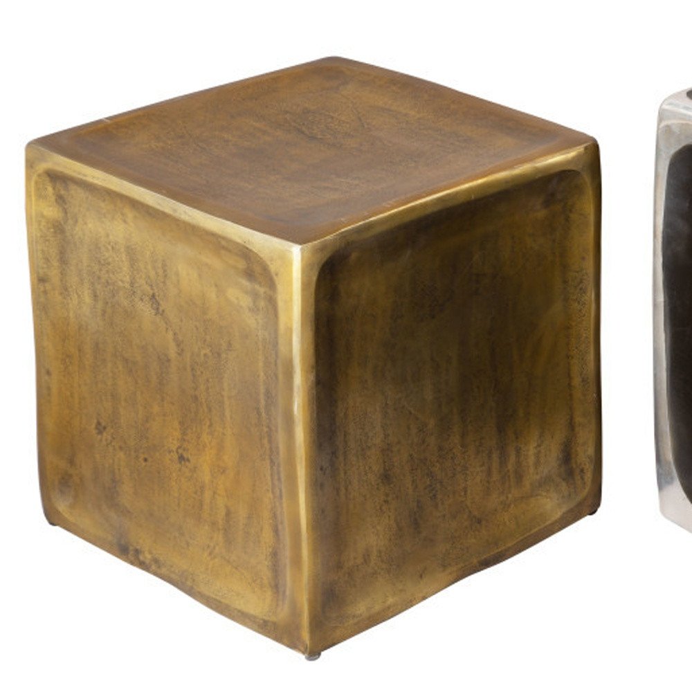 Set of Two Black Silver And Antiqued Brass Aluminum Square Block End Tables on a white background