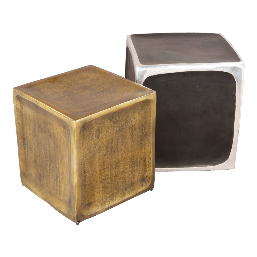 Set of Two Black Silver And Antiqued Brass Aluminum Square Block End Tables on a white background