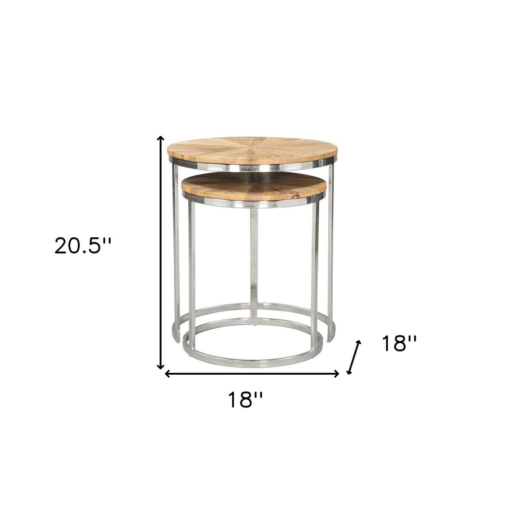 Set of Two Natural And Silver Solid Wood And Iron Round Frame Nested Tables - 20.5" H x 18" W x 18" D
