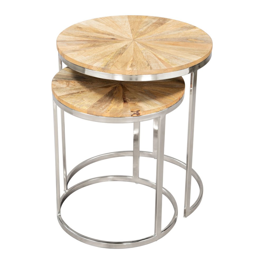 Set of Two Natural And Silver Solid Wood And Iron Round Frame Nested Tables - 20.5" H x 18" W x 18" D