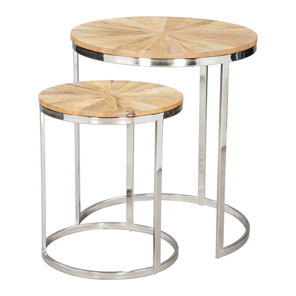 Set of Two Natural And Silver Solid Wood And Iron Round Frame Nested Tables - 20.5" H x 18" W x 18" D on a white background