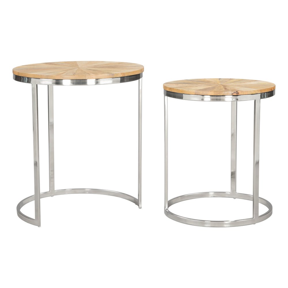 Set of Two Natural And Silver Solid Wood And Iron Round Frame Nested Tables - 20.5" H x 18" W x 18" D on a white background