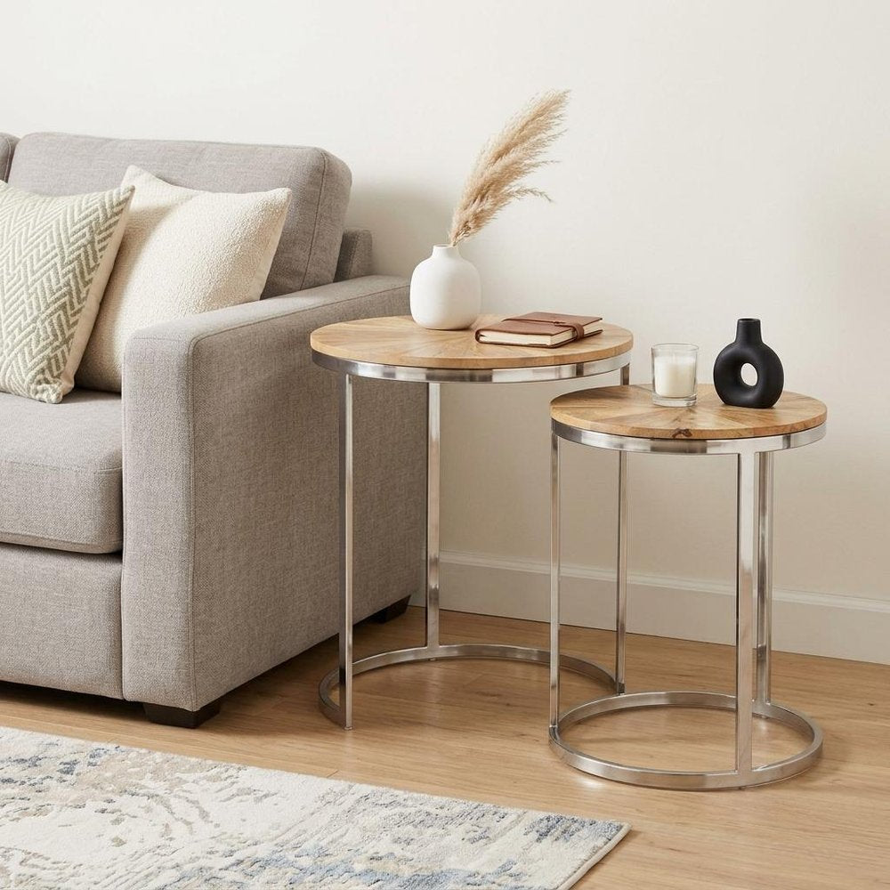 Set of Two Natural And Silver Solid Wood And Iron Round Frame Nested Tables - 20.5" H x 18" W x 18" D