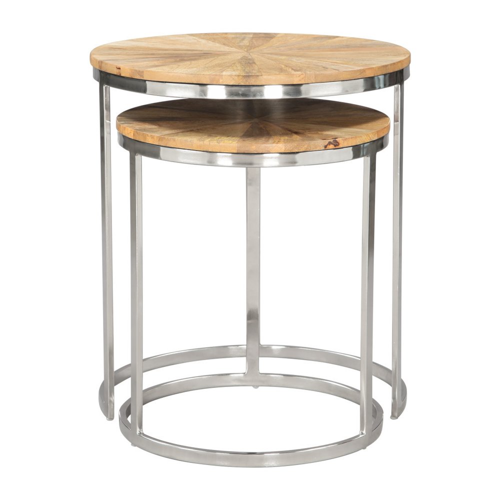 Set of Two Natural And Silver Solid Wood And Iron Round Frame Nested Tables - 20.5" H x 18" W x 18" D