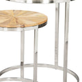 Set of Two Natural And Silver Solid Wood And Iron Round Frame Nested Tables - 20.5" H x 18" W x 18" D on a white background