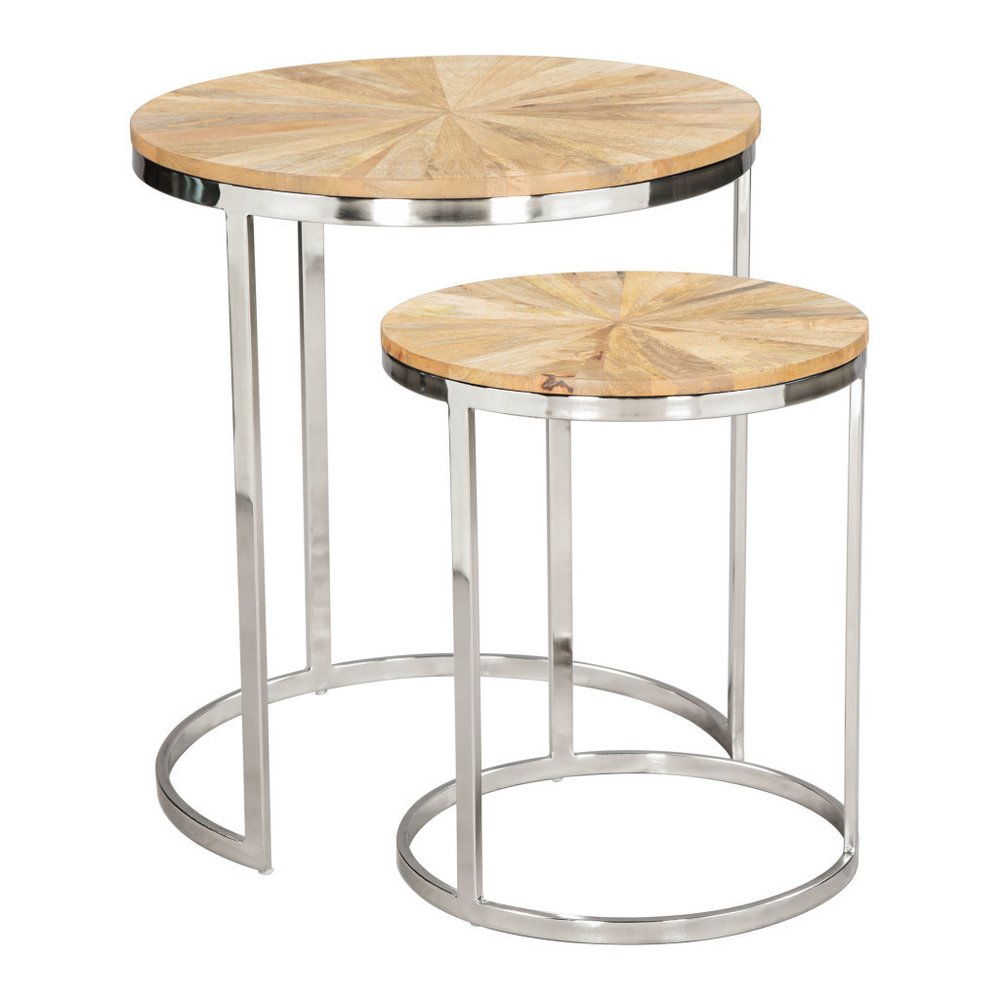 Set of Two Natural And Silver Solid Wood And Iron Round Frame Nested Tables - 20.5" H x 18" W x 18" D