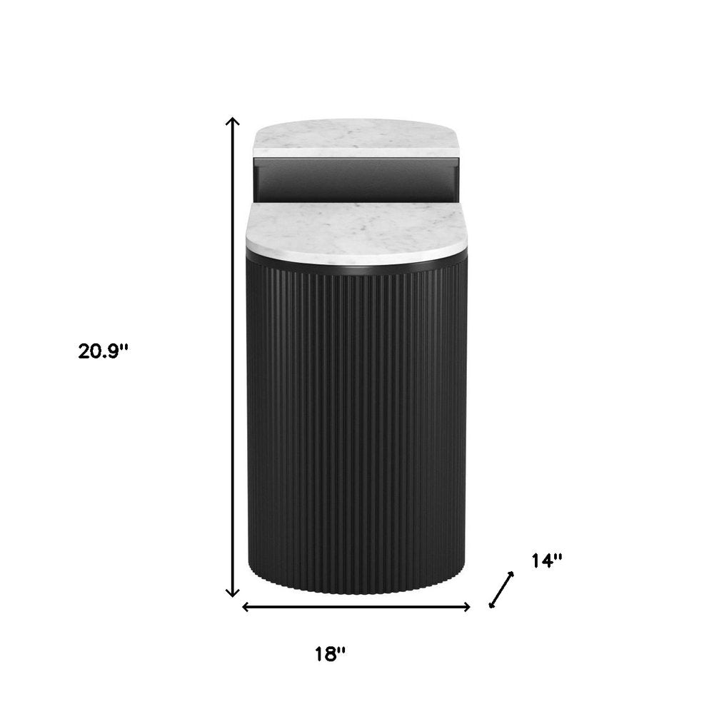 Set of Two Black And White Solid Wood And Marble Oval Block End Tables on a white background