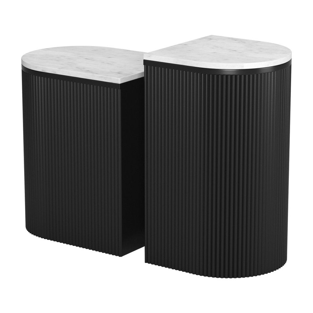 Set of Two Black And White Solid Wood And Marble Oval Block End Tables on a white background