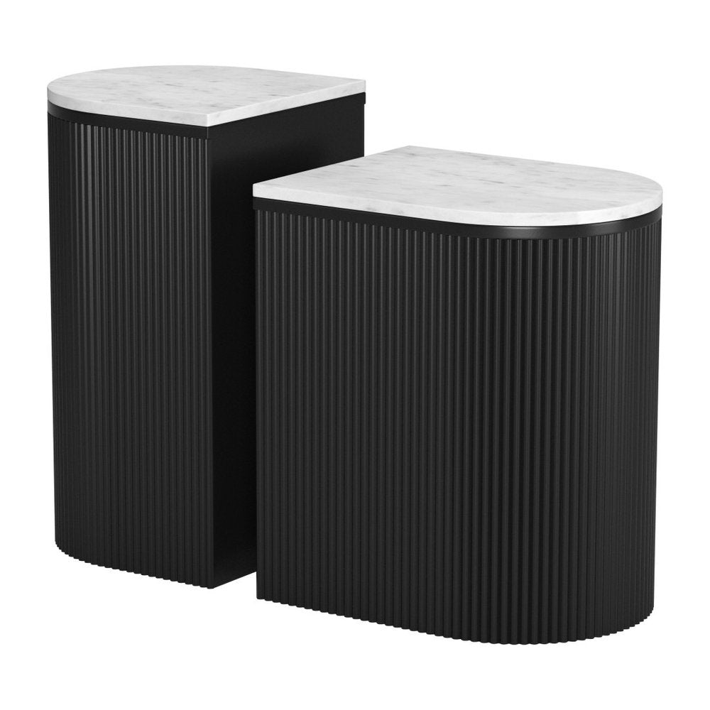 Set of Two Black And White Solid Wood And Marble Oval Block End Tables on a white background