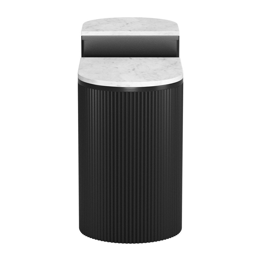 Set of Two Black And White Solid Wood And Marble Oval Block End Tables on a white background