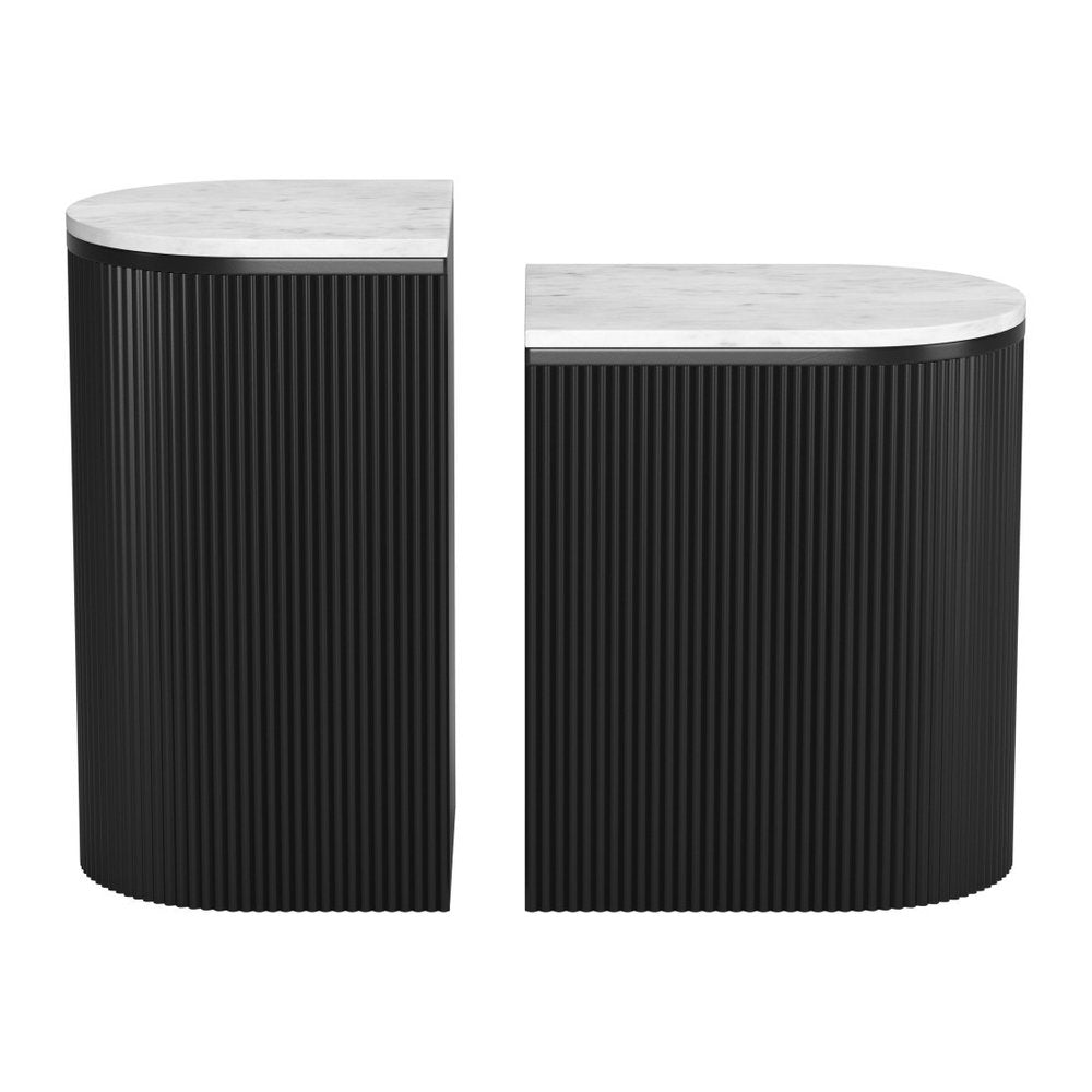 Set of Two Black And White Solid Wood And Marble Oval Block End Tables on a white background