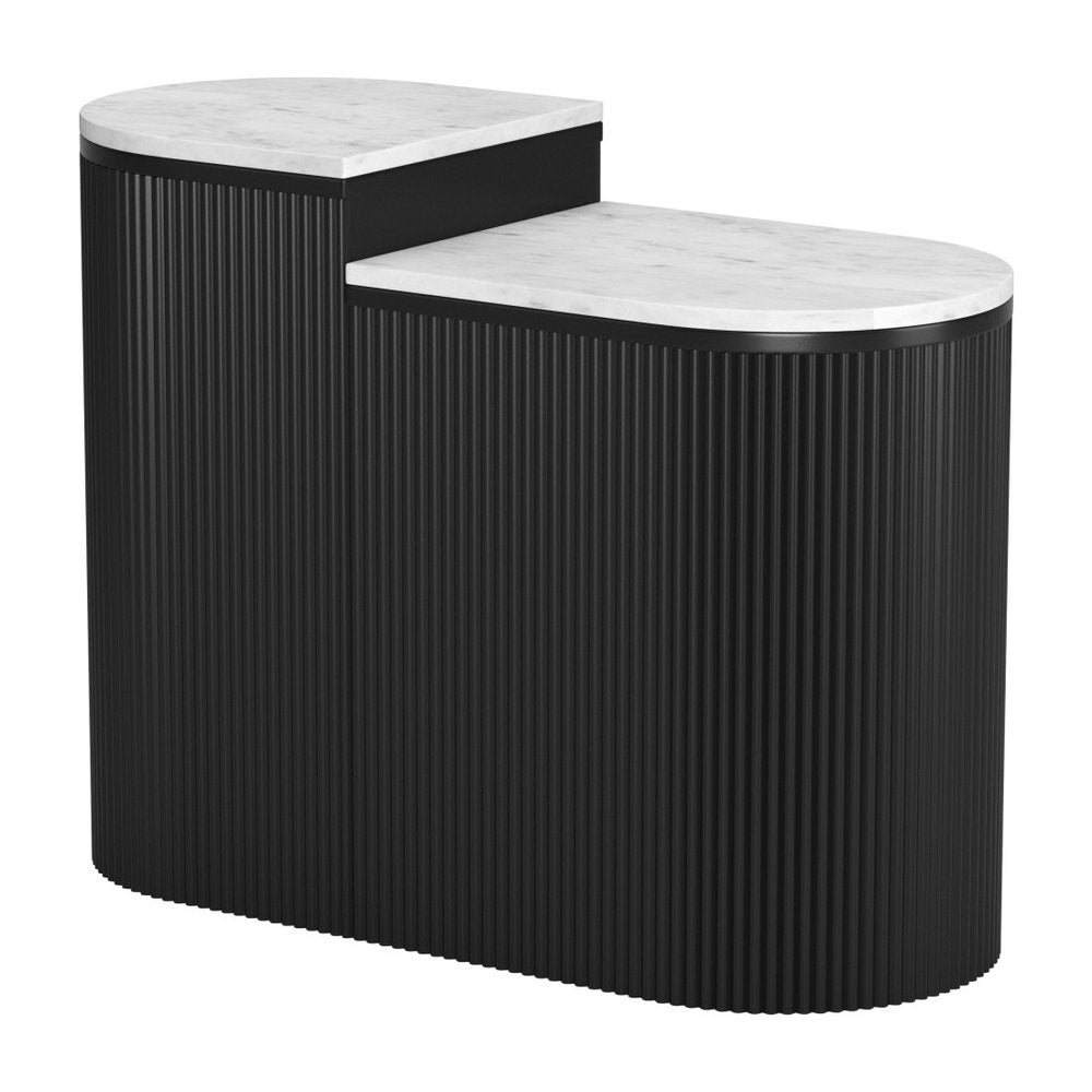 Set of Two Black And White Solid Wood And Marble Oval Block End Tables on a white background