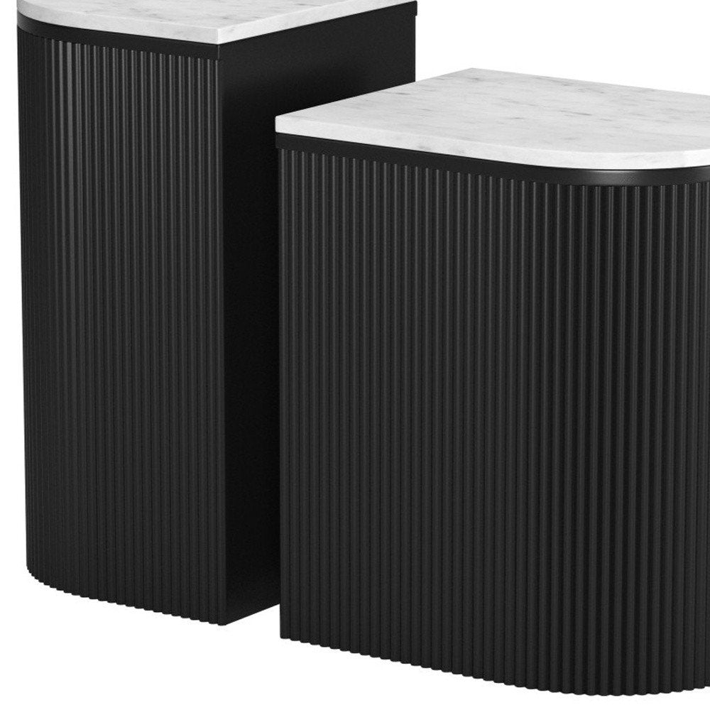 Set of Two Black And White Solid Wood And Marble Oval Block End Tables close-up detail