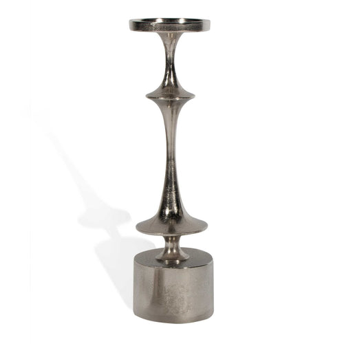 Silver distressed geometric metal tabletop candle holder on a white background with a shadow.