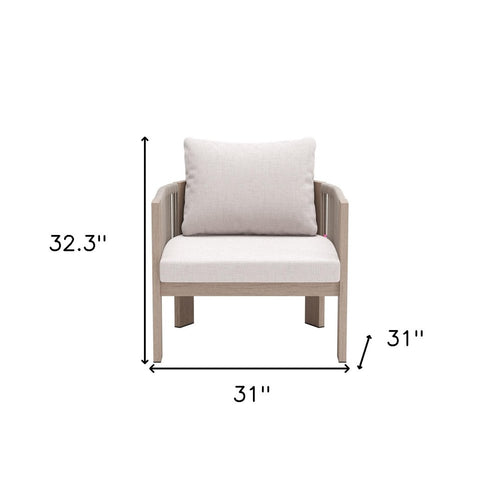 A light beige upholstered outdoor armchair with a light wood-look frame, measuring 32.3 inches high and 31 inches wide.