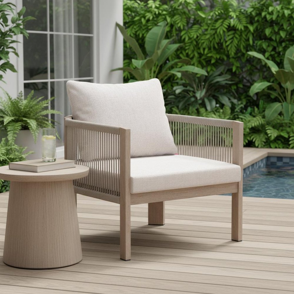 31" Aluminum Outdoor shown outdoors on a patio with greenery in beige metal.