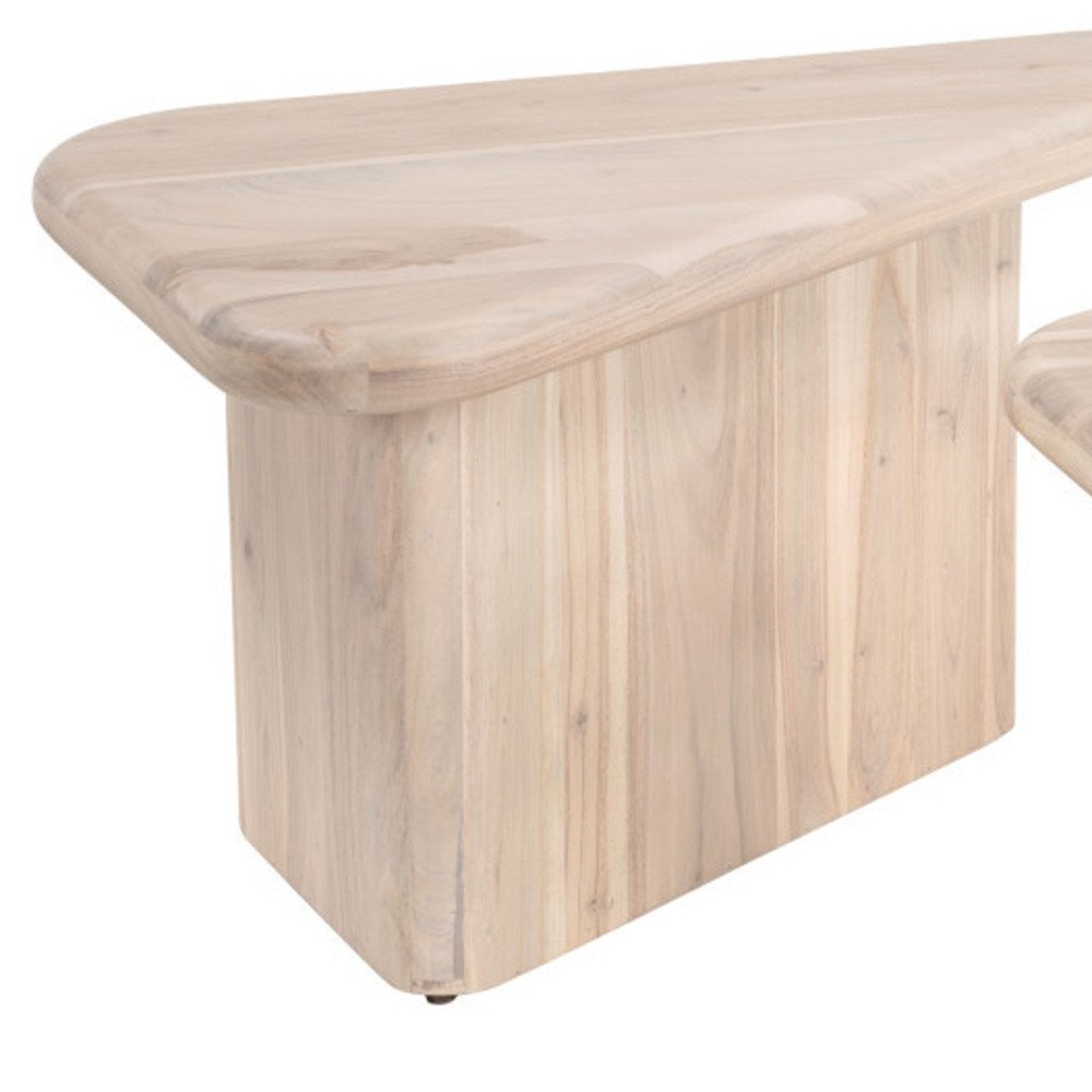 Set of Two Natural Solid Wood Triangle Pedestal Nested Coffee Tables on a white background