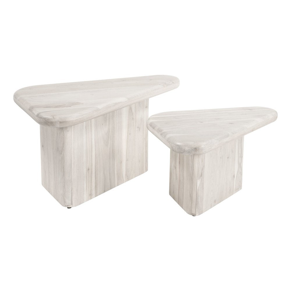 Set of Two Natural Solid Wood Triangle Pedestal Nested Coffee Tables on a white background