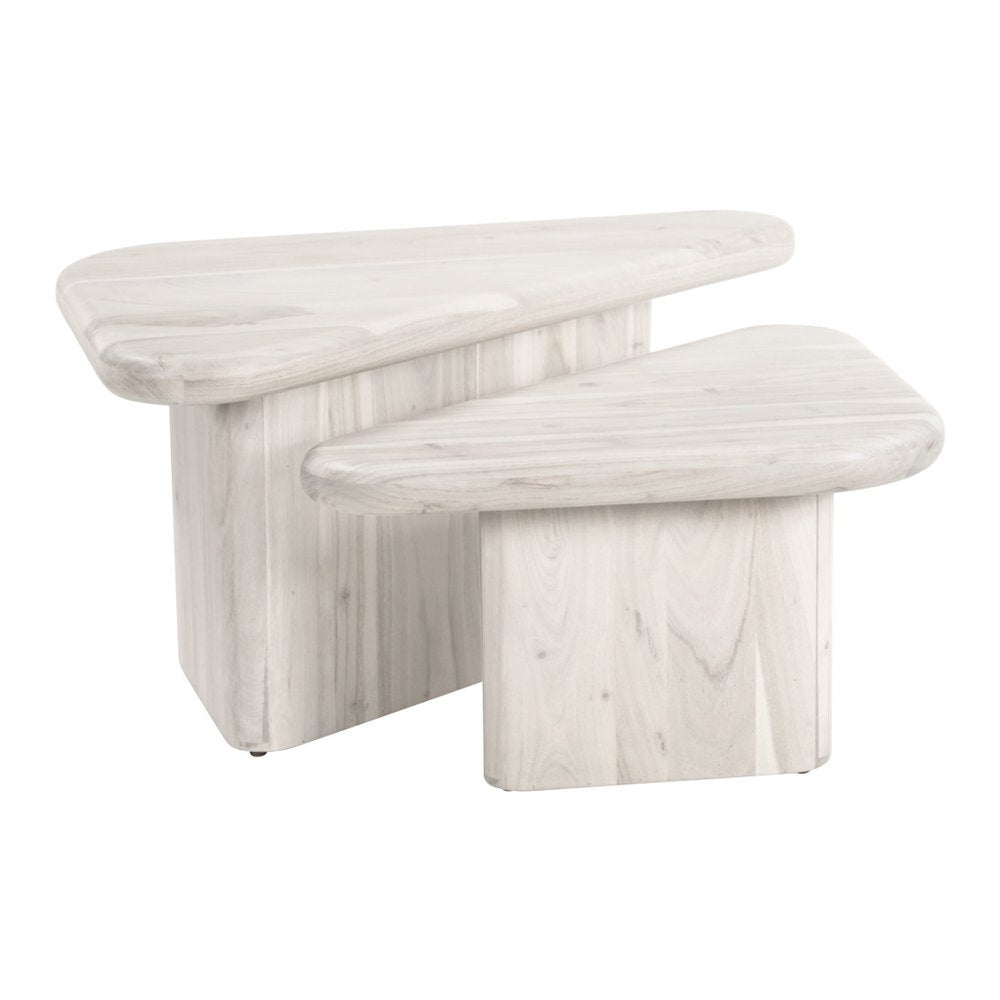 Set of Two Natural Solid Wood Triangle Pedestal Nested Coffee Tables on a white background
