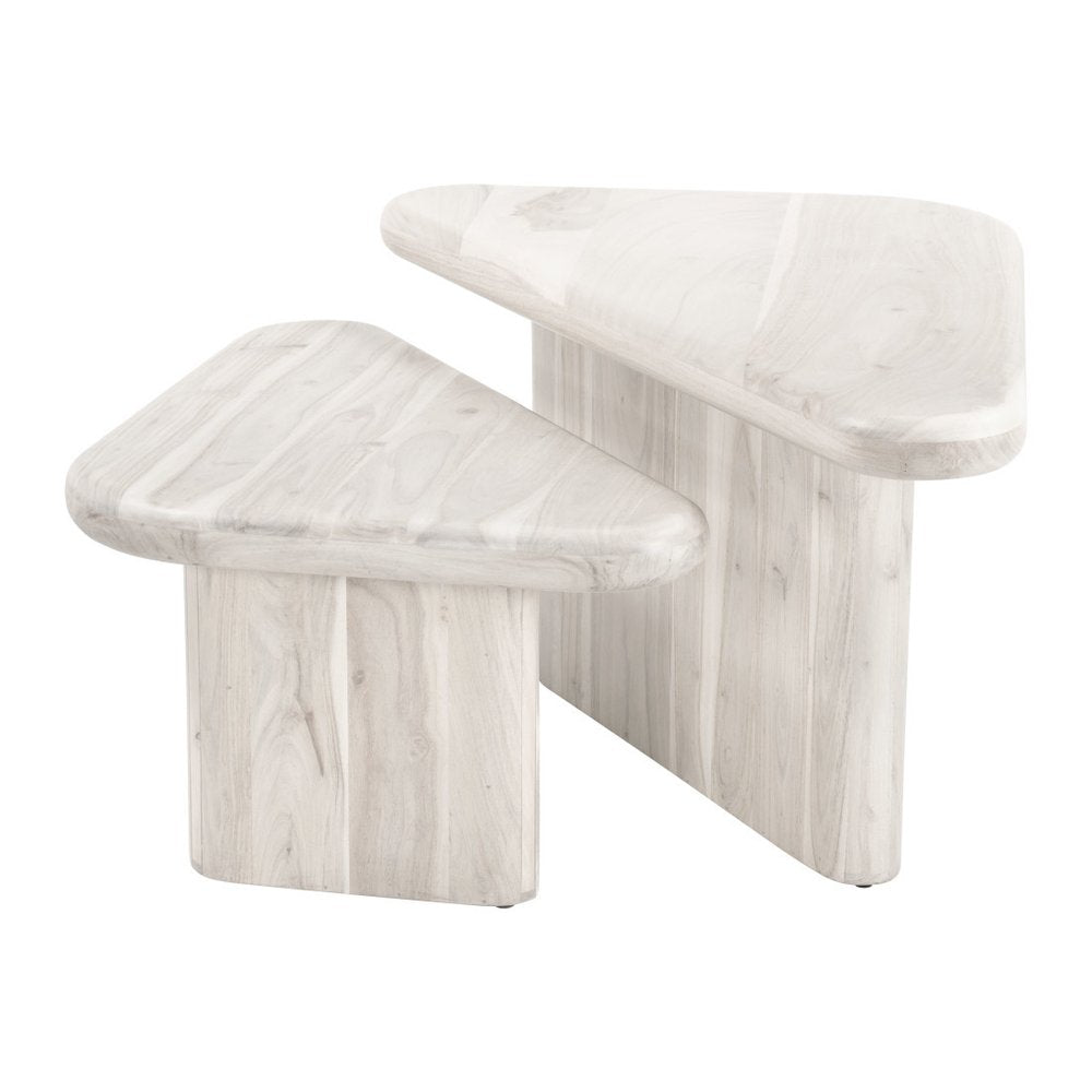 Set of Two Natural Solid Wood Triangle Pedestal Nested Coffee Tables on a white background