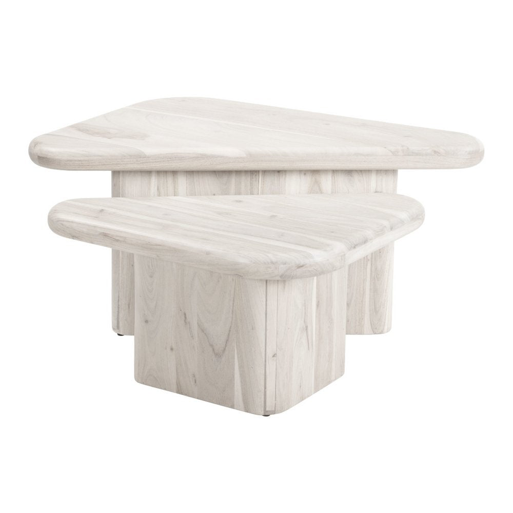 Set of Two Natural Solid Wood Triangle Pedestal Nested Coffee Tables on a white background