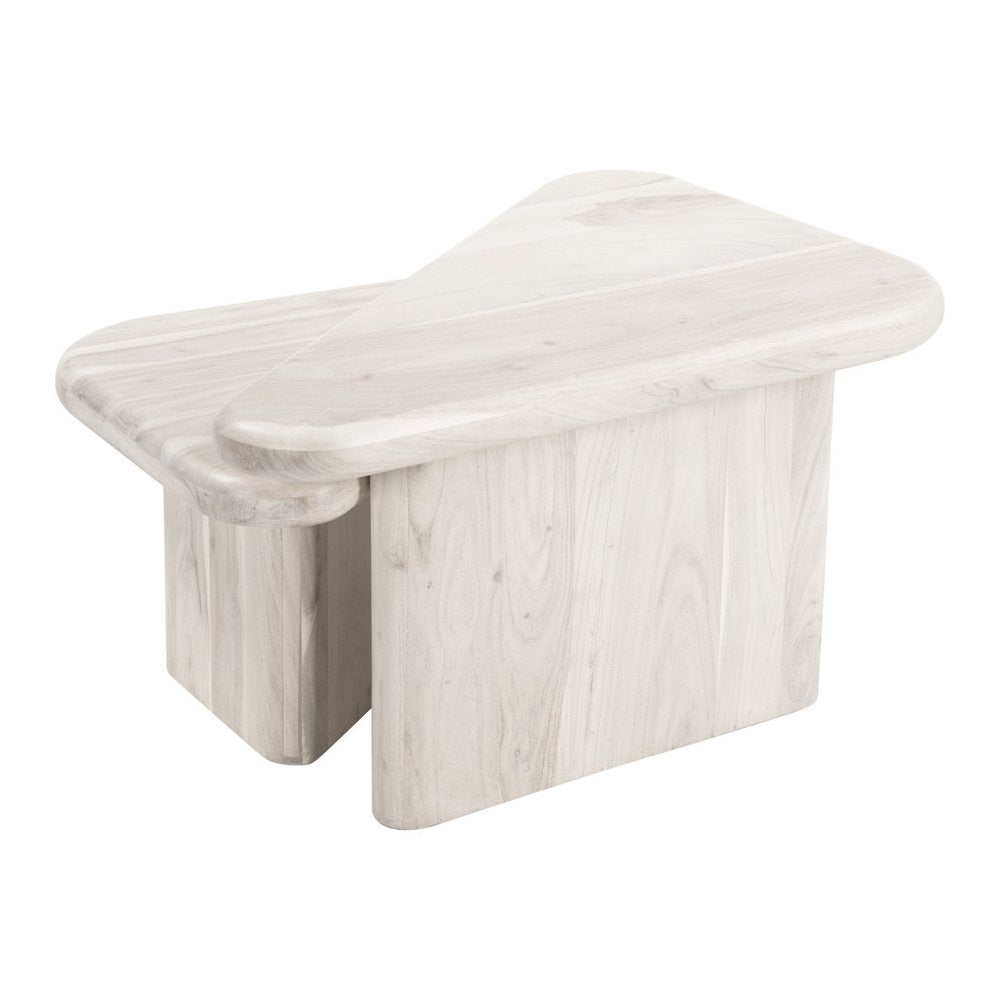 Set of Two Natural Solid Wood Triangle Pedestal Nested Coffee Tables on a white background