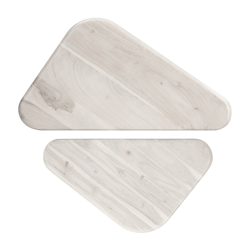 Set of Two Natural Solid Wood Triangle Pedestal Nested Coffee Tables on a white background