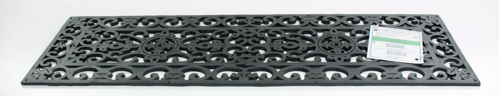 Black rectangular rubber outdoor door mat with ornate scrollwork pattern, on a white background.