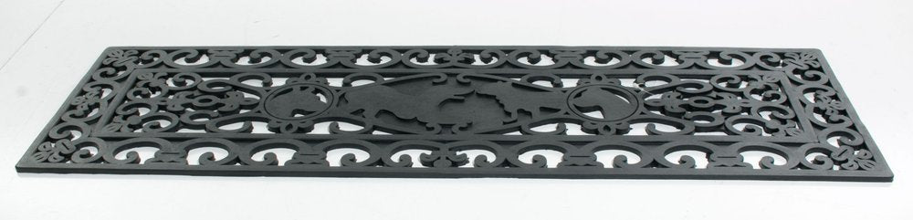 Black rubber doormat with an ornate scrollwork border and a central design of two dog profiles facing each other.