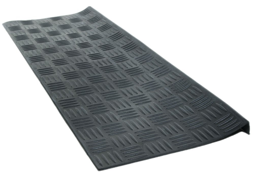 Black rubber outdoor door mat with diamond tread pattern on a white background.