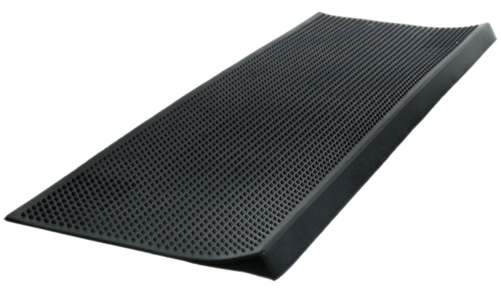 Black textured rubber outdoor door mat with a beveled edge on a white background.