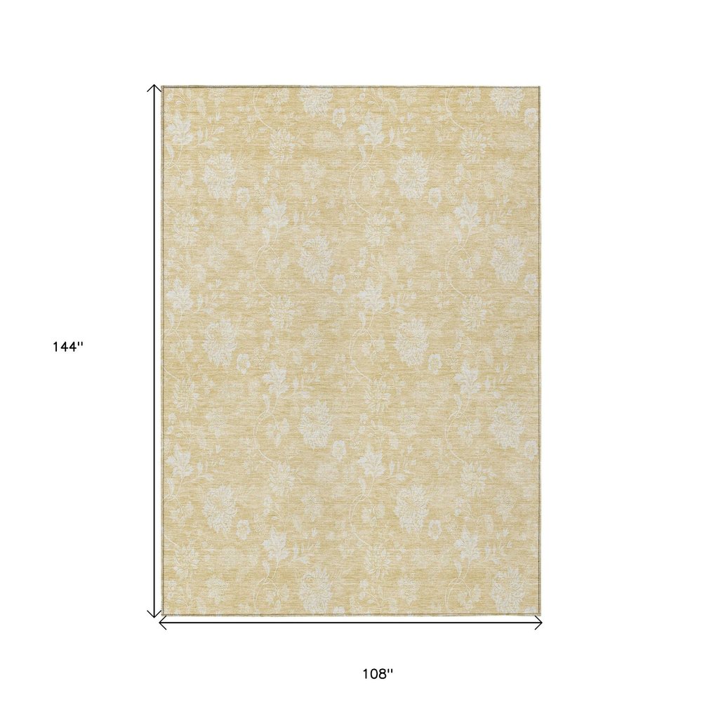 9' X 12' Yellow Wheat And Ivory Floral Washable Indoor Outdoor Area Rug on a white background
