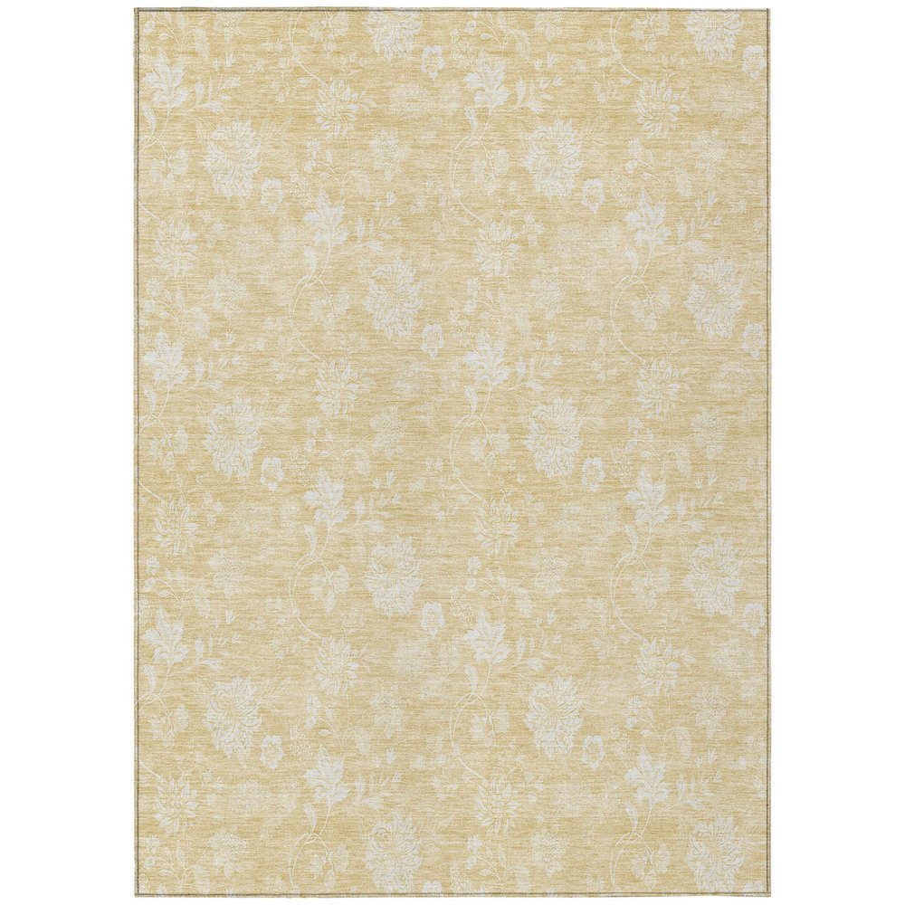 A yellow and ivory floral rug with a textured weave, shown flat against a white background.