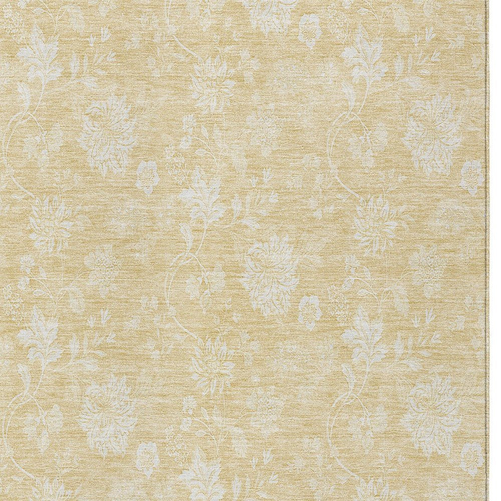 9' X 12' Yellow Wheat And Ivory Floral Washable Indoor Outdoor Area Rug close-up detail