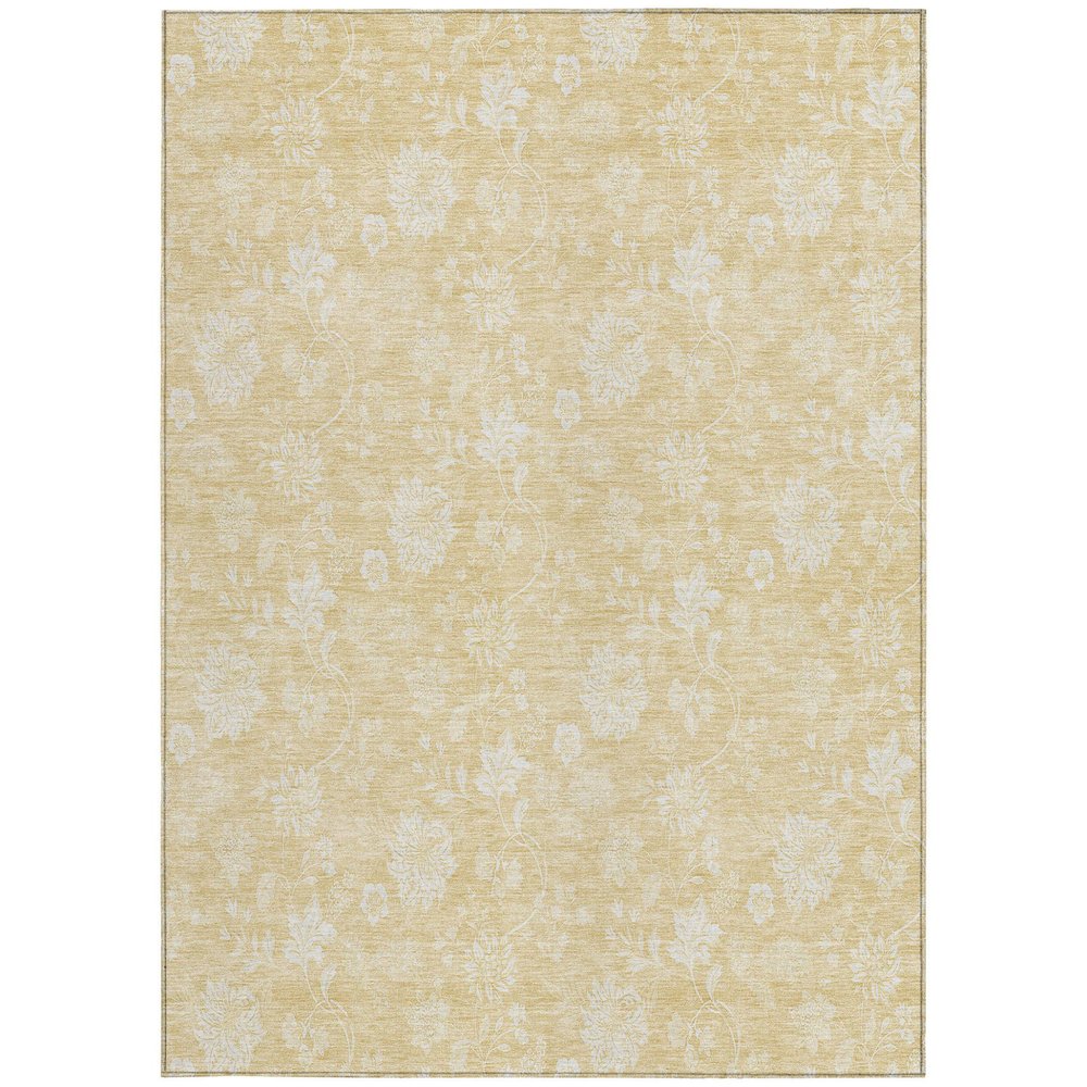 9' X 12' Yellow Wheat And Ivory Floral Washable Indoor Outdoor Area Rug on a white background