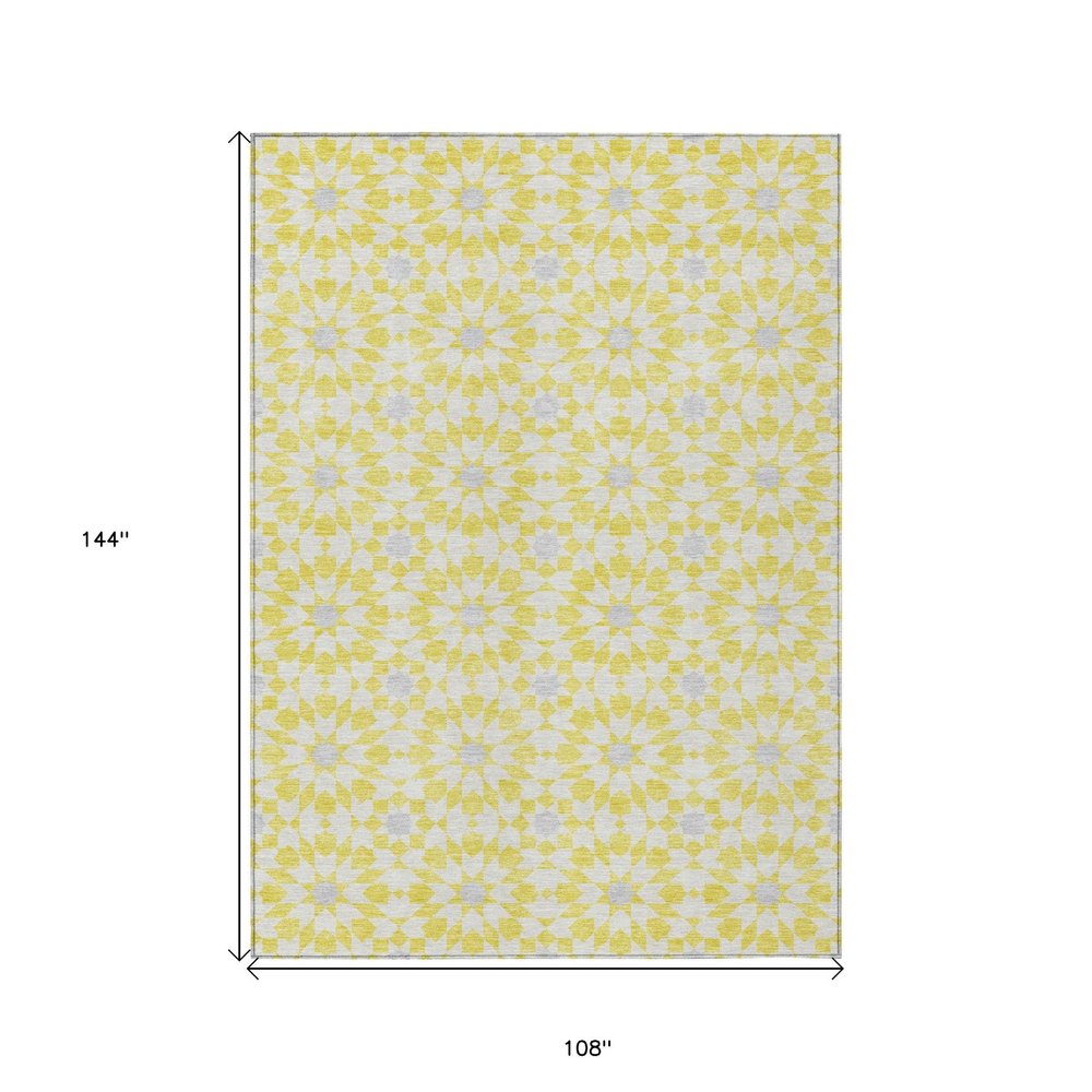 9' X 12' Yellow Ivory And Gray Floral Medallion Washable Indoor Outdoor Area Rug on a white background
