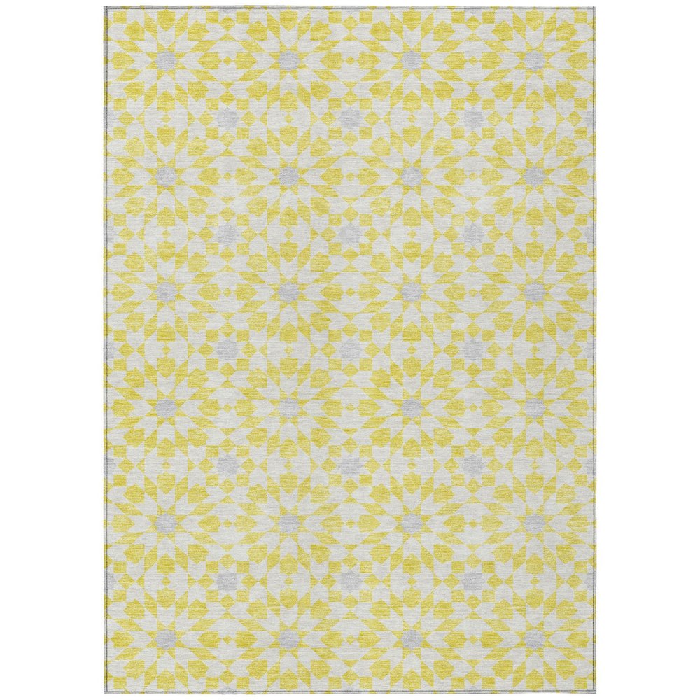 Yellow, ivory, and gray floral medallion pattern rug with a textured finish on a white background.
