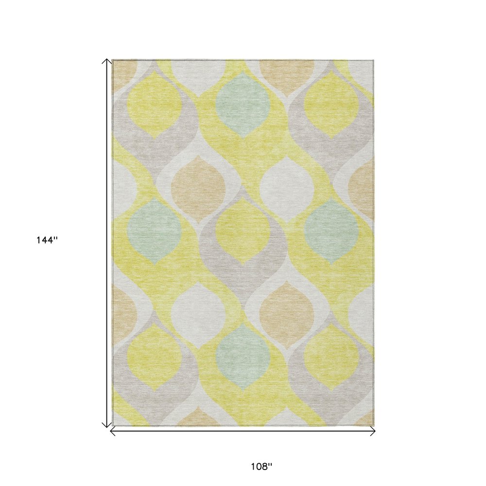 9' X 12' Yellow Mint Green And Beige Ogee Washable Indoor Outdoor Area Rug on a white background