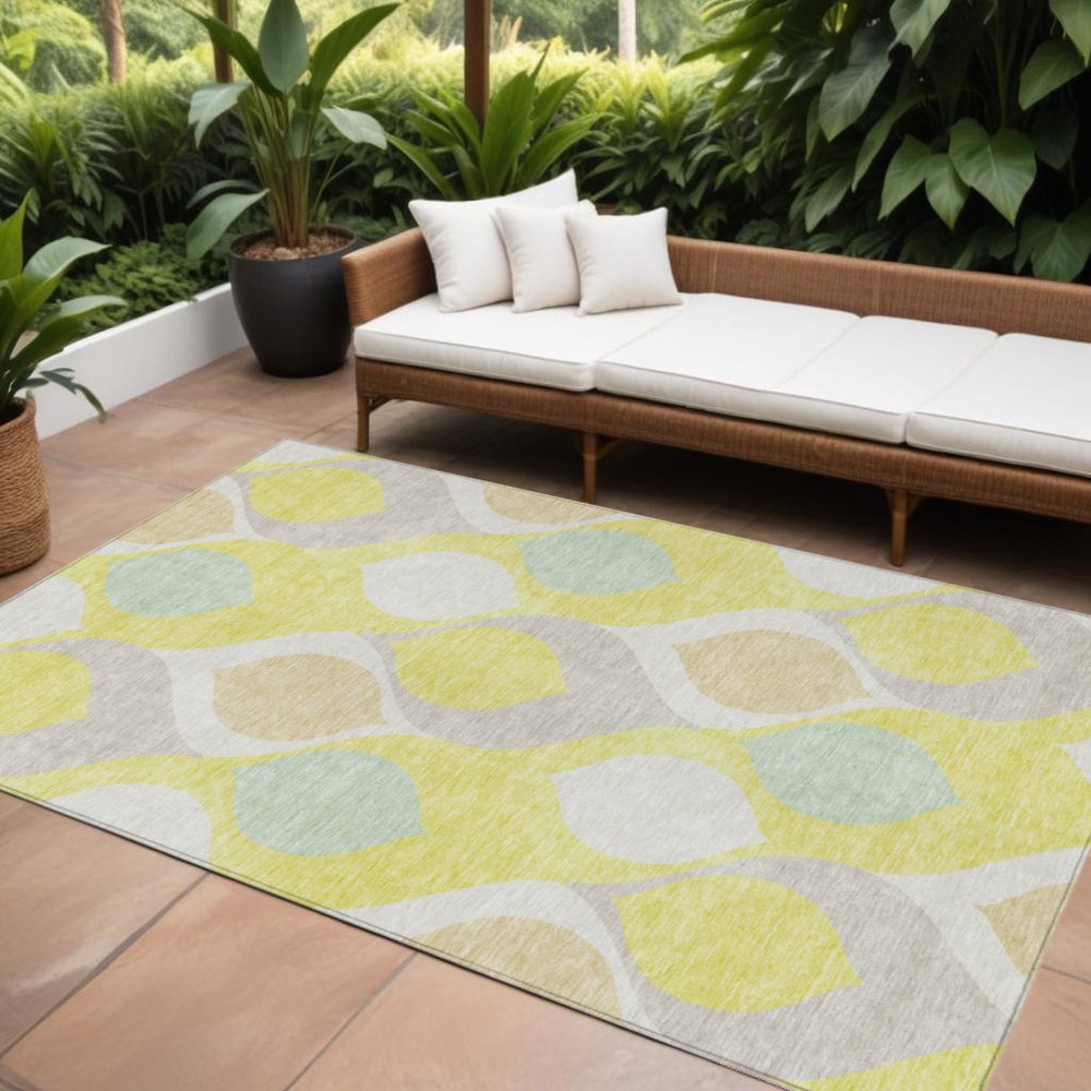 9' X 12' Yellow Mint Green And Beige Ogee Washable Indoor Outdoor Area Rug in a home interior