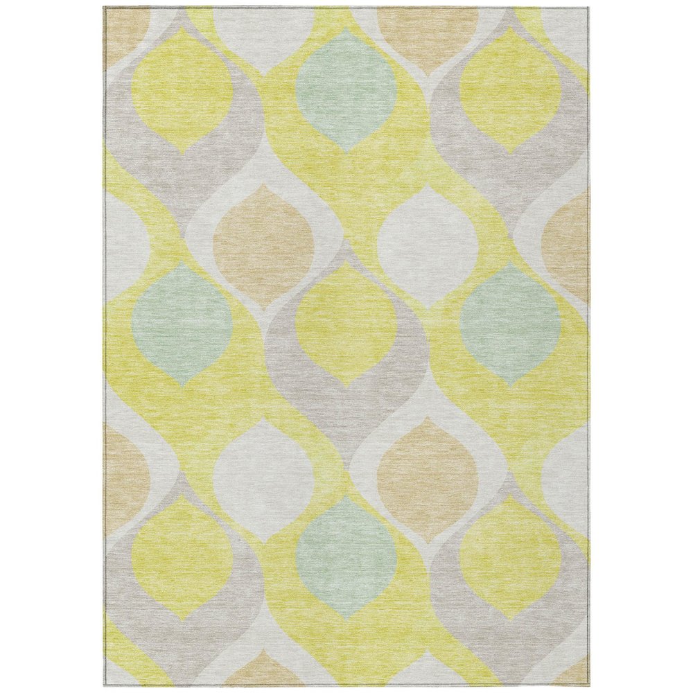 A 9' x 12' yellow, mint green, and beige ogee pattern washable indoor outdoor area rug on a white background.