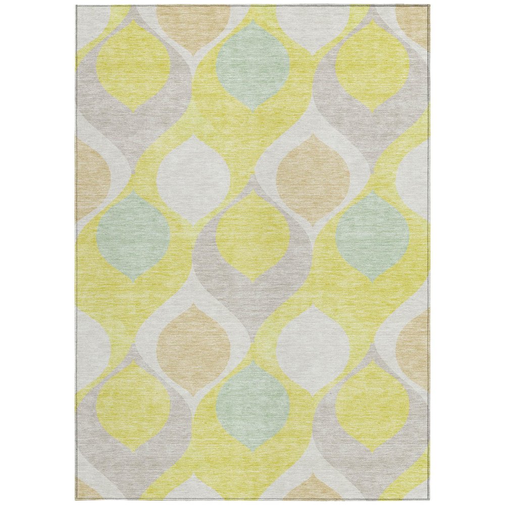 9' X 12' Yellow Mint Green And Beige Ogee Washable Indoor Outdoor Area Rug